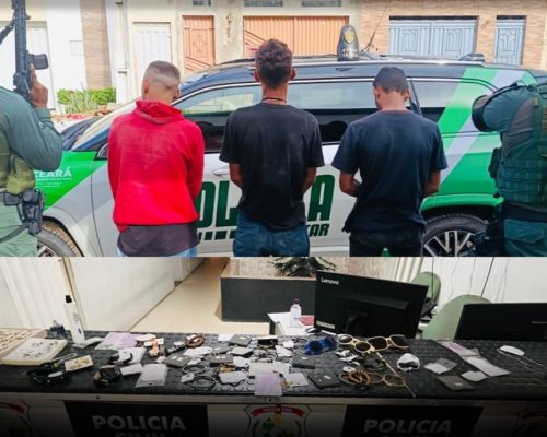 PM prende trio suspeito de furto e recupera diversos produtos em Brejo Santo